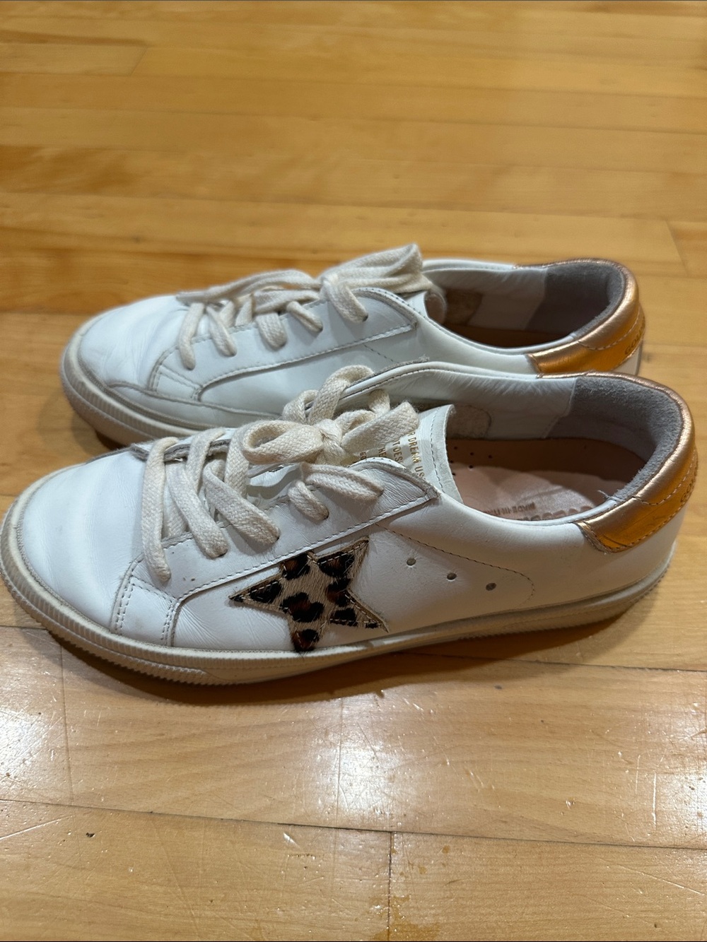 Golden Goose White Leather Kids Sneakers with Leopard Star and Gold Heel